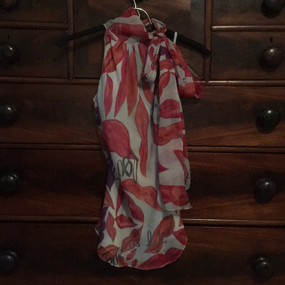 “Love is Life” DVF top with tie closure at neck.